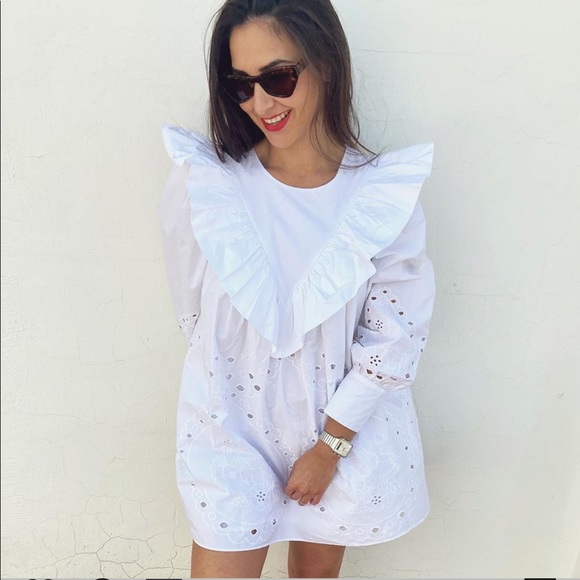 NWT Zara White Ruffled Openwork Embroidery Dress - Picture 6 of 9